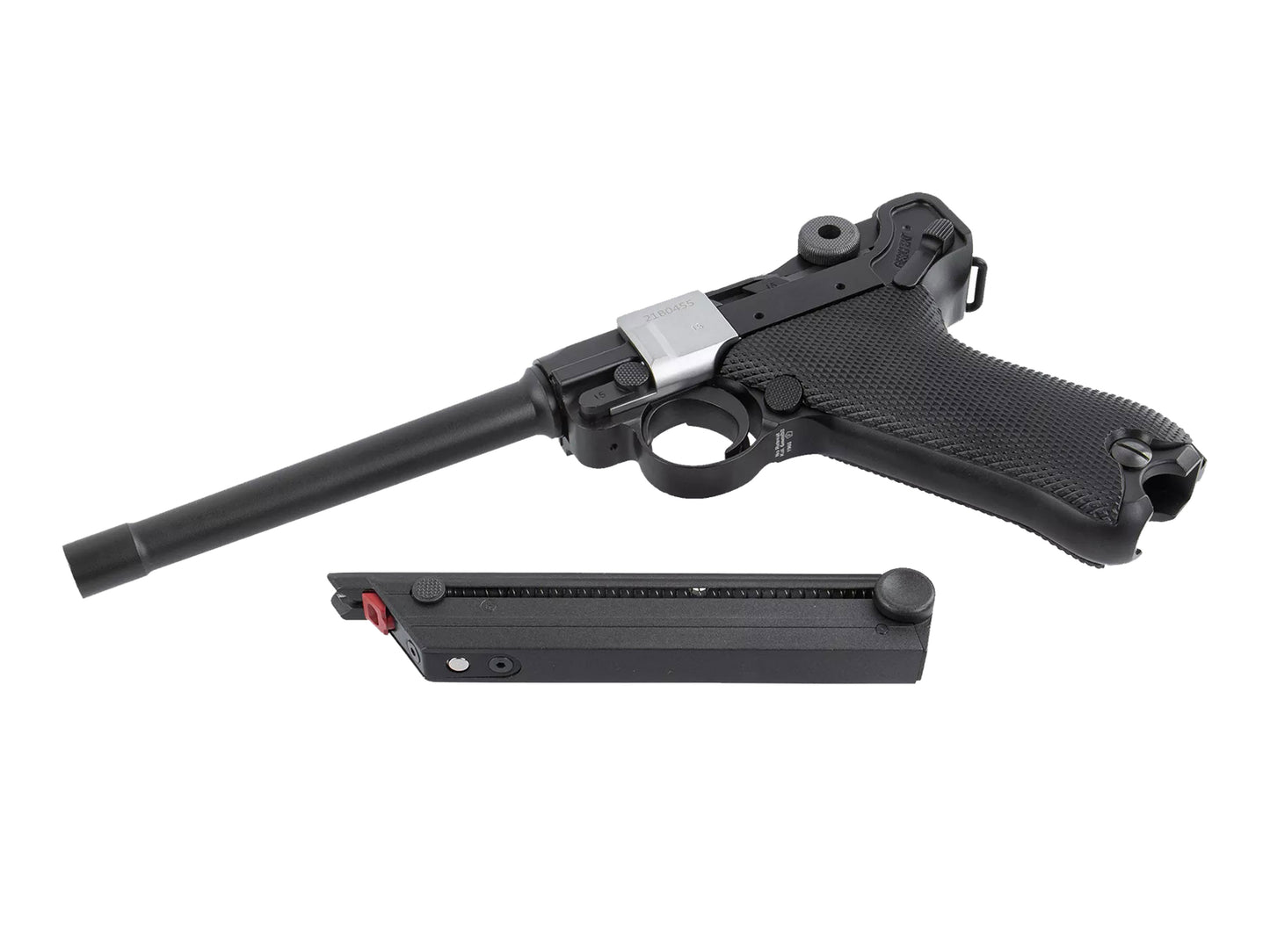 AW CUSTOM LUGER P08 6inch CNC A180 Gas Blowback Airsoft Pistol.