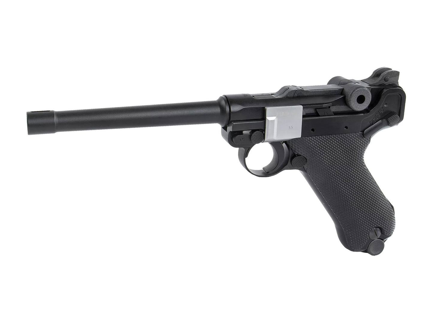 AW CUSTOM LUGER P08 6inch CNC A180 Gas Blowback Airsoft Pistol.